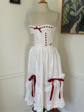 Lacemade White Eyelet Skirt + Top Set with Red Ribbon Accents